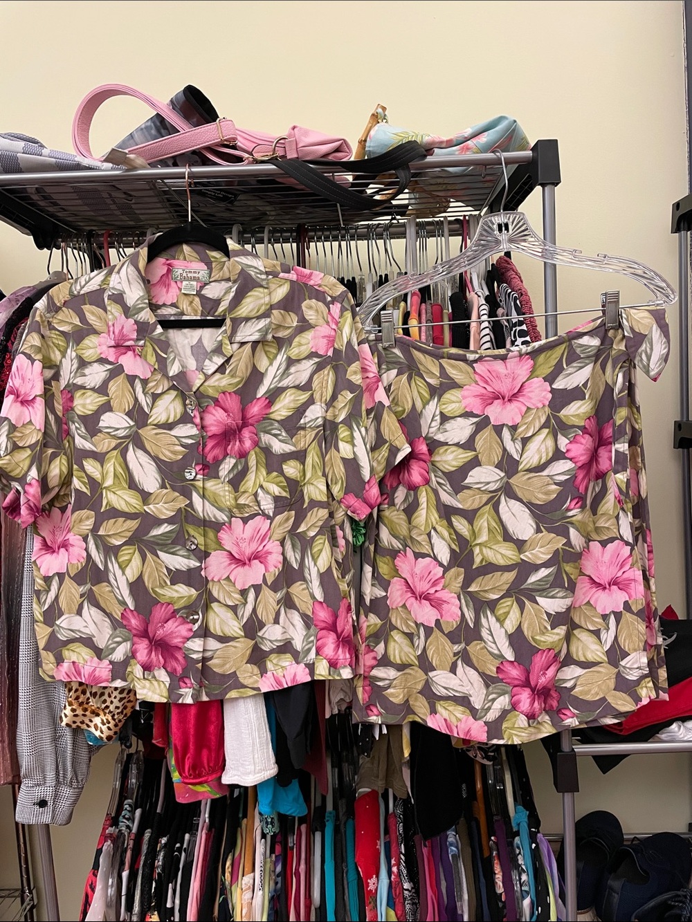 Tommy Bahama Pink Floral Button-Front Top and matching wrap skirt